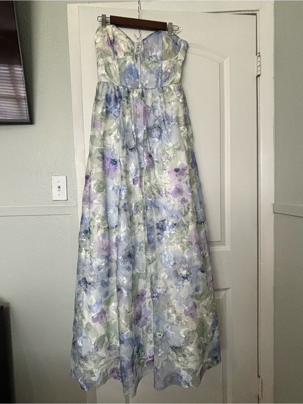 Francesca's Collections Strapless Floral Gown in Lavender, Blue & Green